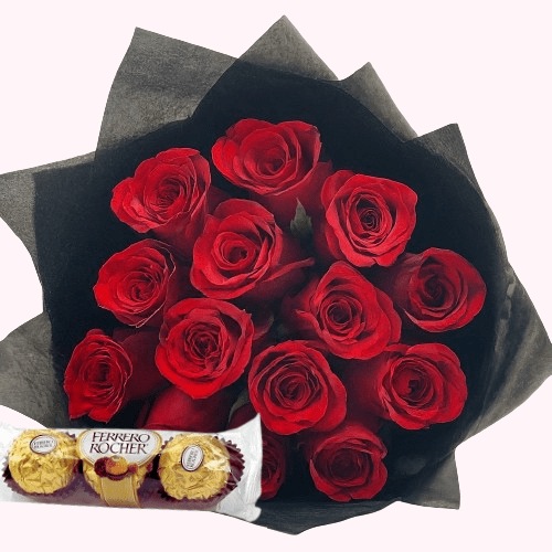 Flowers and 3pc ferrero rocher chocolates